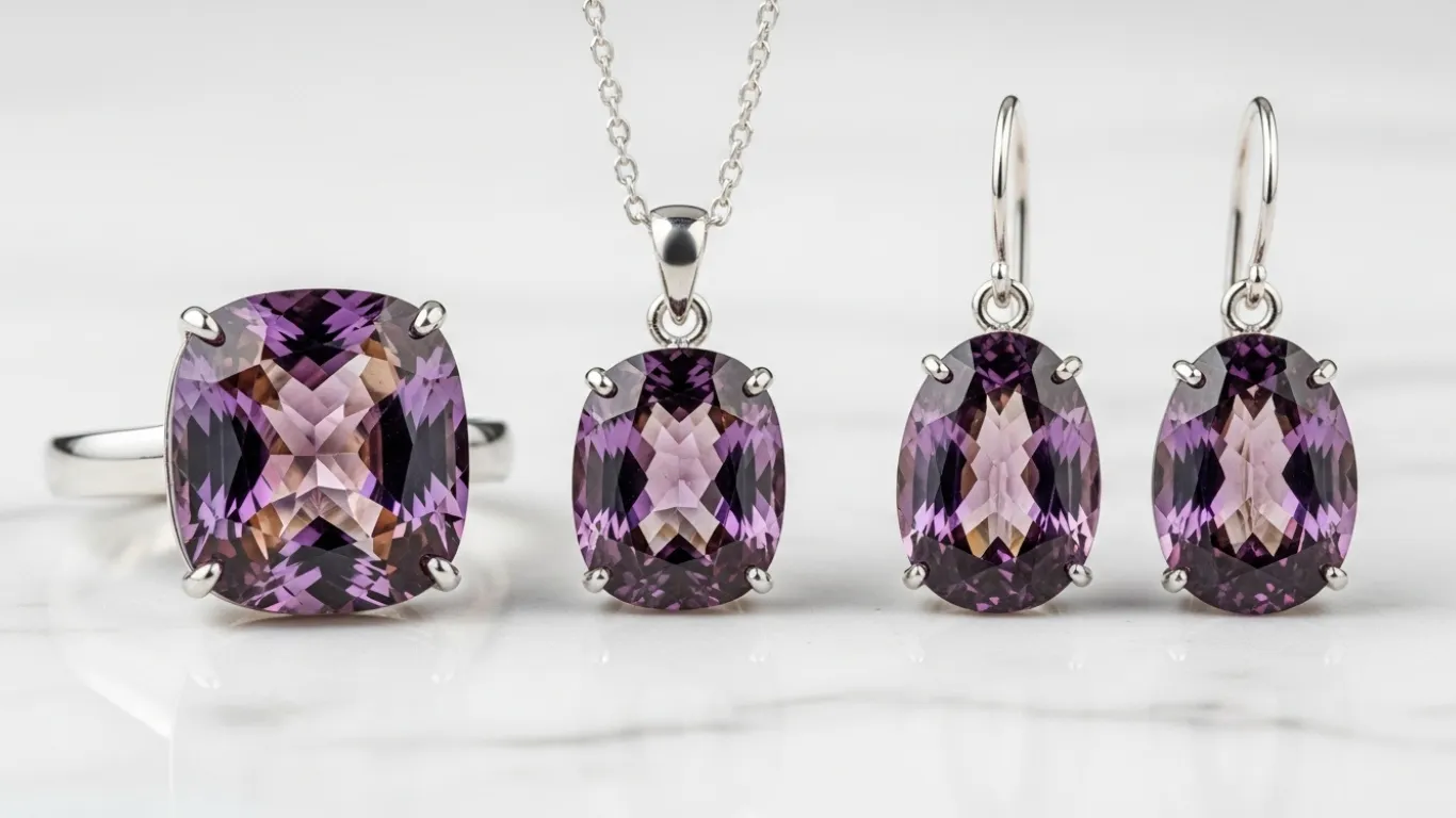 Ametrine jewellery collection featuring rings pendants and earrings with bicolour gemstones