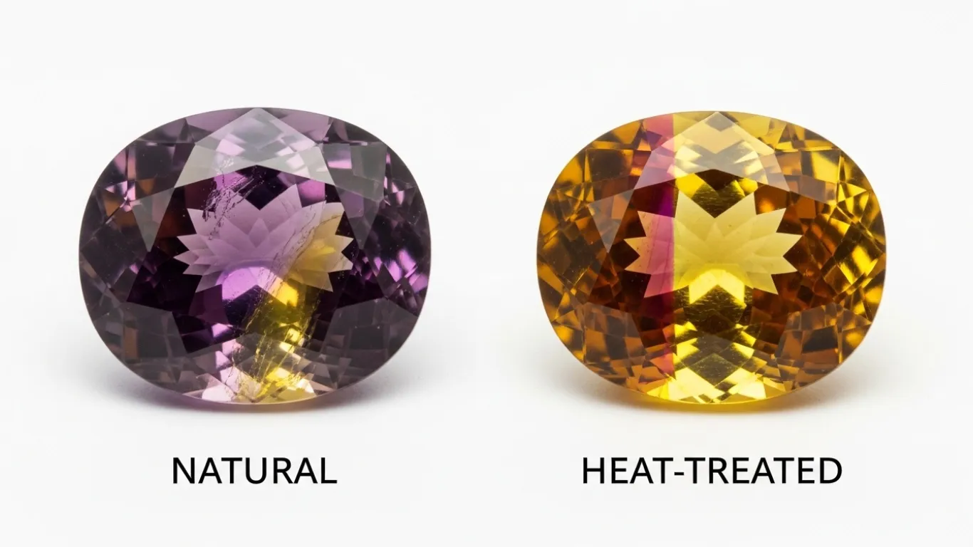 Comparison showing authentic natural ametrine versus heat-treated imitation with colour zones